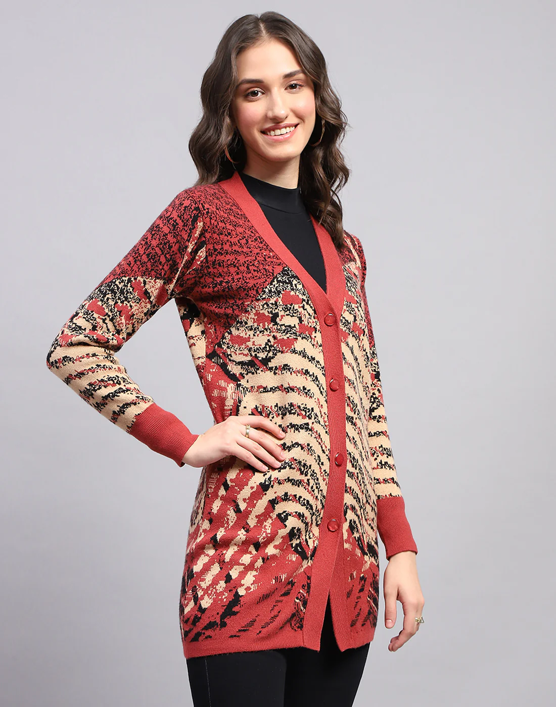 Women Red Self Design V Neck Full Sleeve Cardigan - Image 4