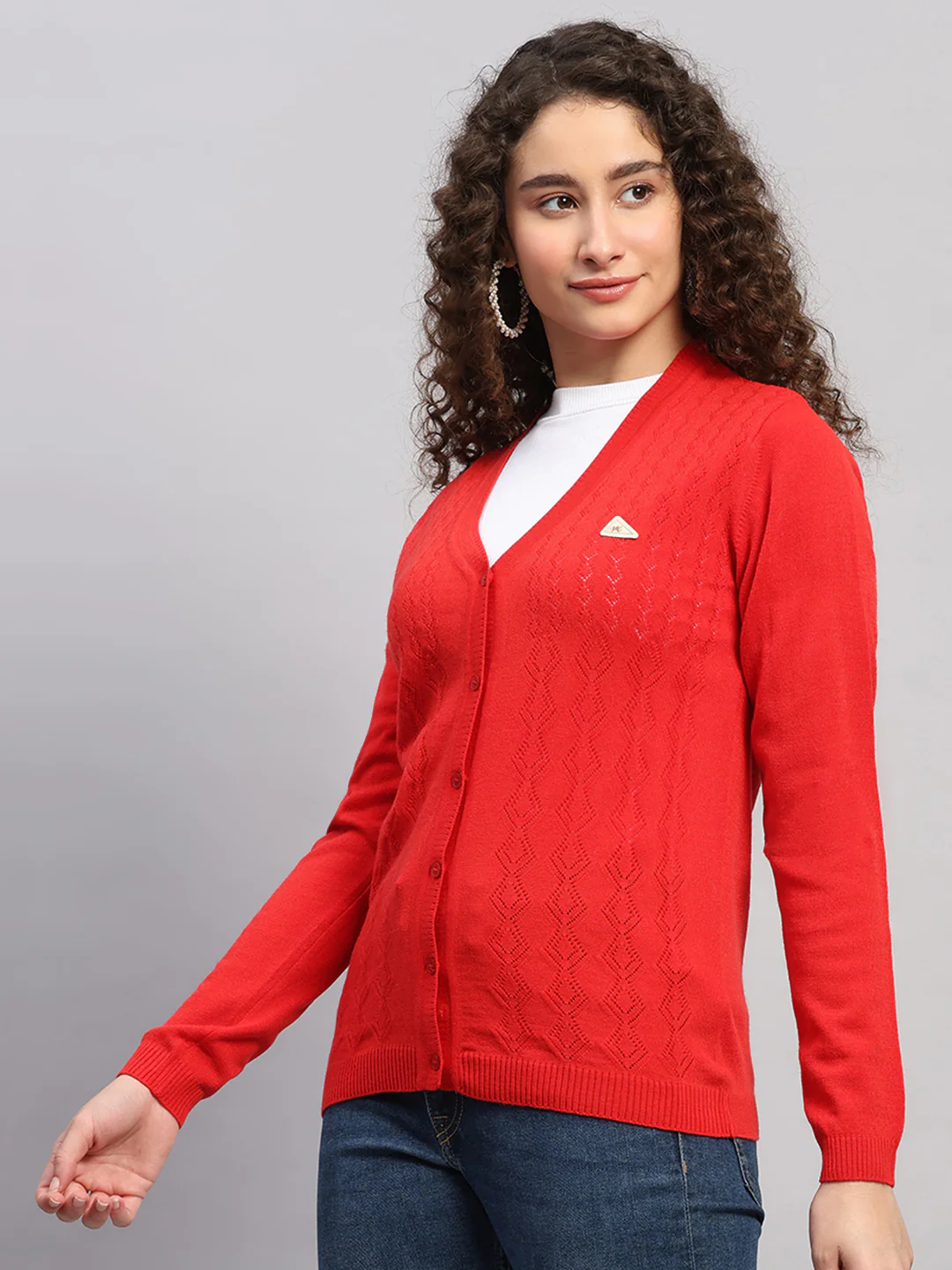 Women Red Self Design V Neck Full Sleeve Cardigan - Image 3