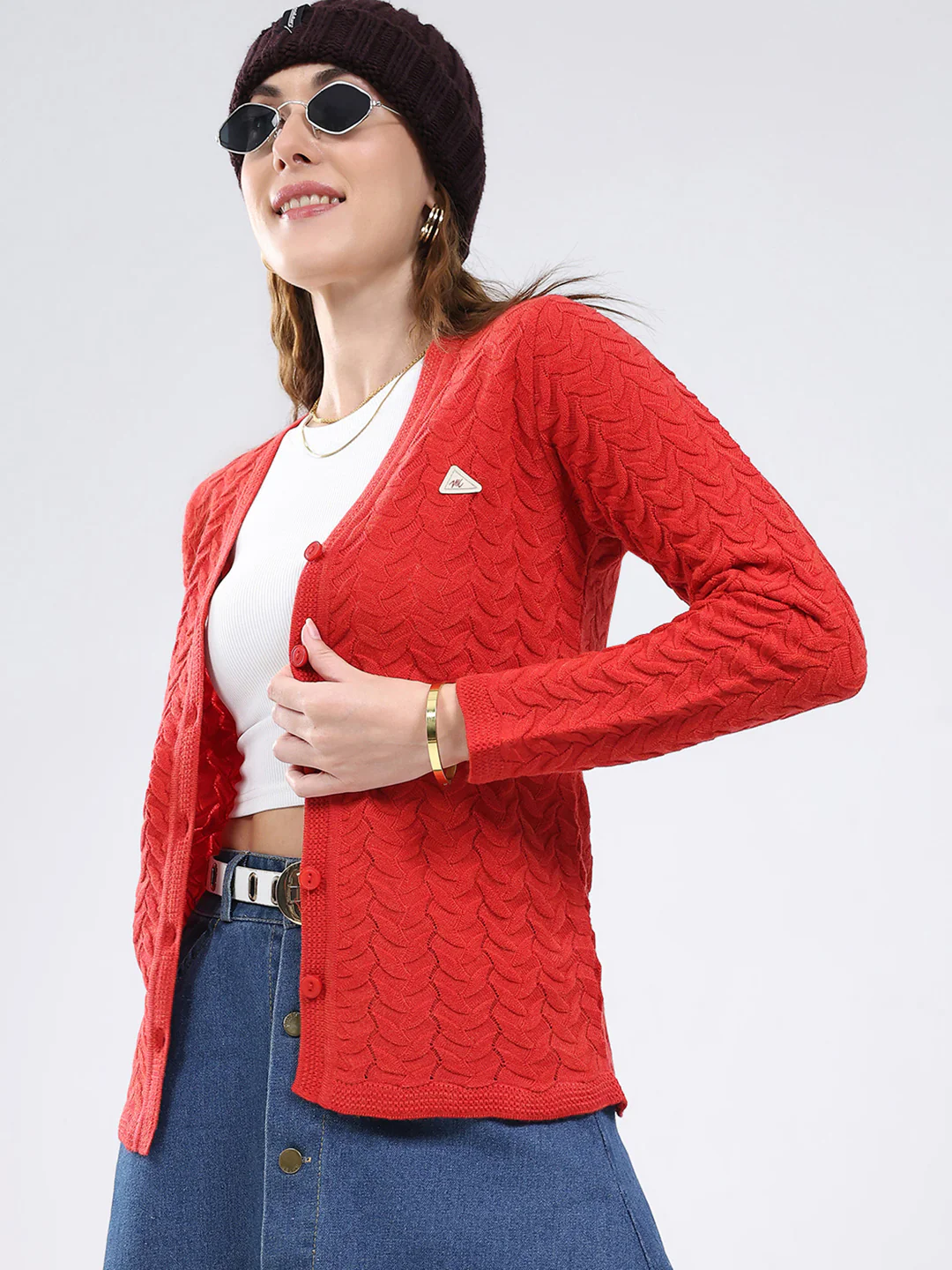 Women Red Self Design V Neck Full Sleeve Cardigan - Image 3