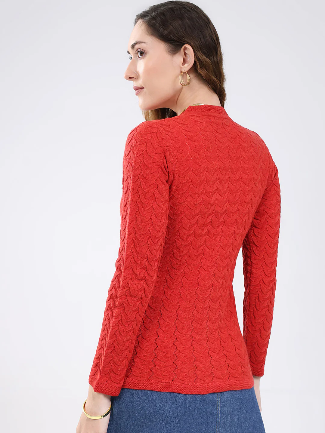 Women Red Self Design V Neck Full Sleeve Cardigan - Image 5