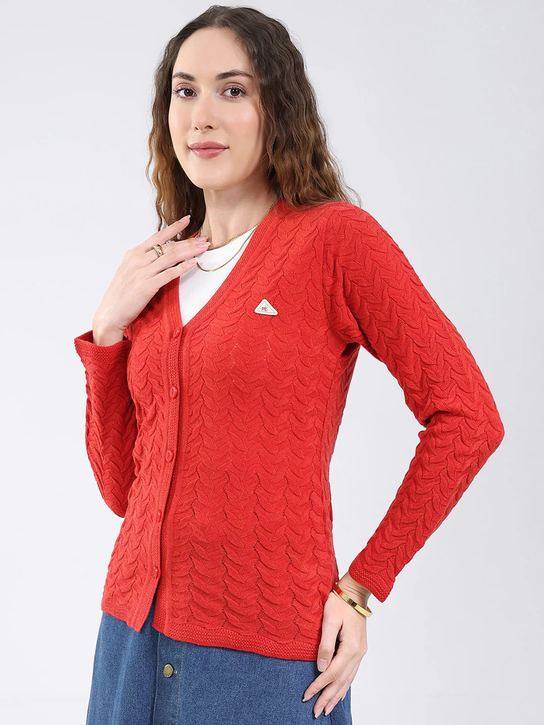 Women Red Self Design V Neck Full Sleeve Cardigan - Image 7