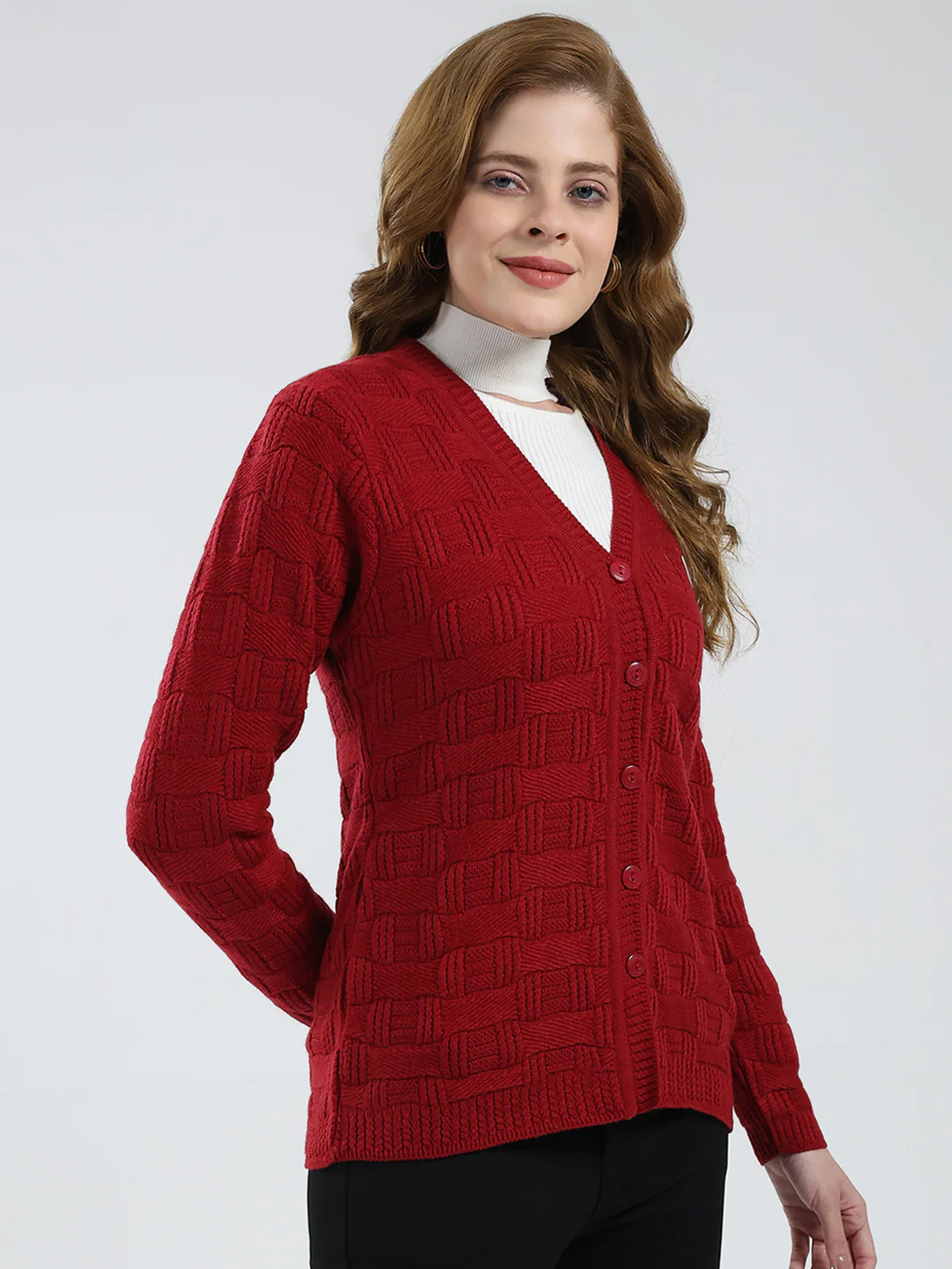Women Red Self Design V Neck Full Sleeve Cardigan - Image 4