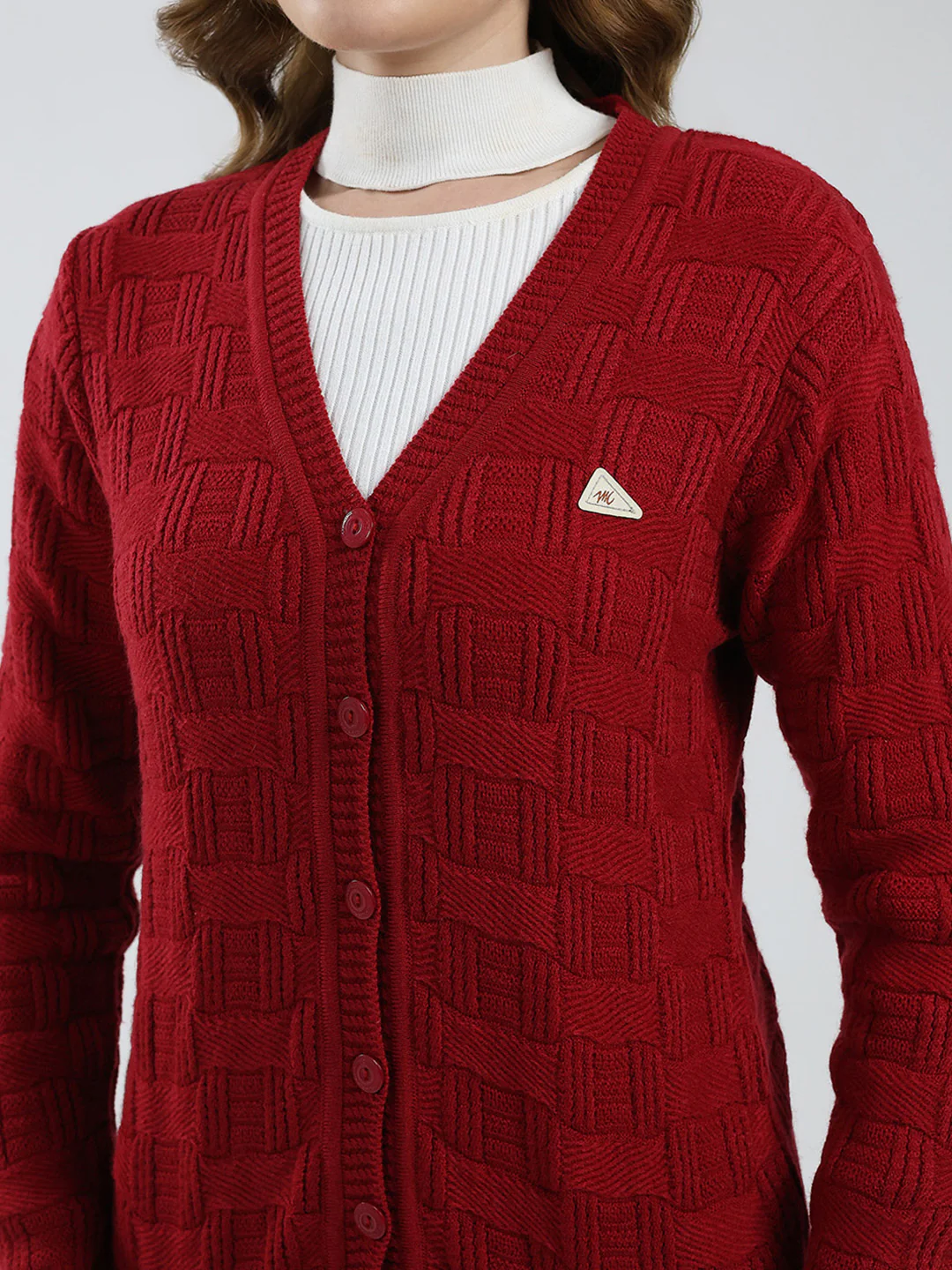 Women Red Self Design V Neck Full Sleeve Cardigan - Image 7