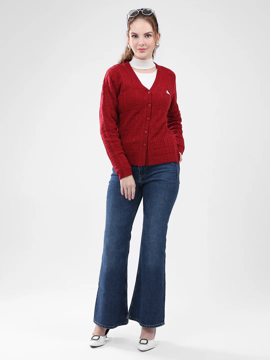 Women Red Self Design V Neck Full Sleeve Cardigan - Image 2