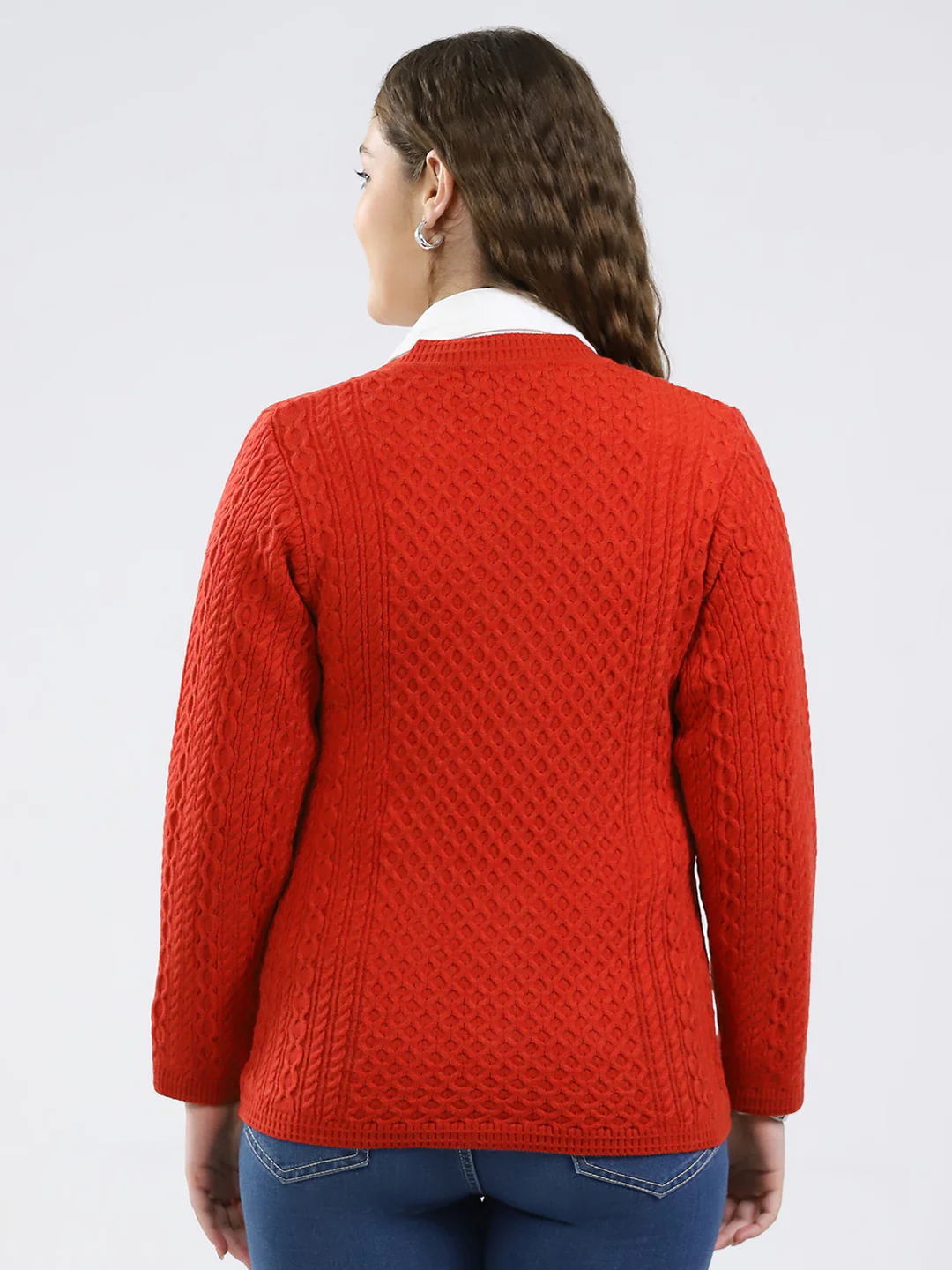 Women Red Self Design V Neck Full Sleeve Cardigan - Image 5