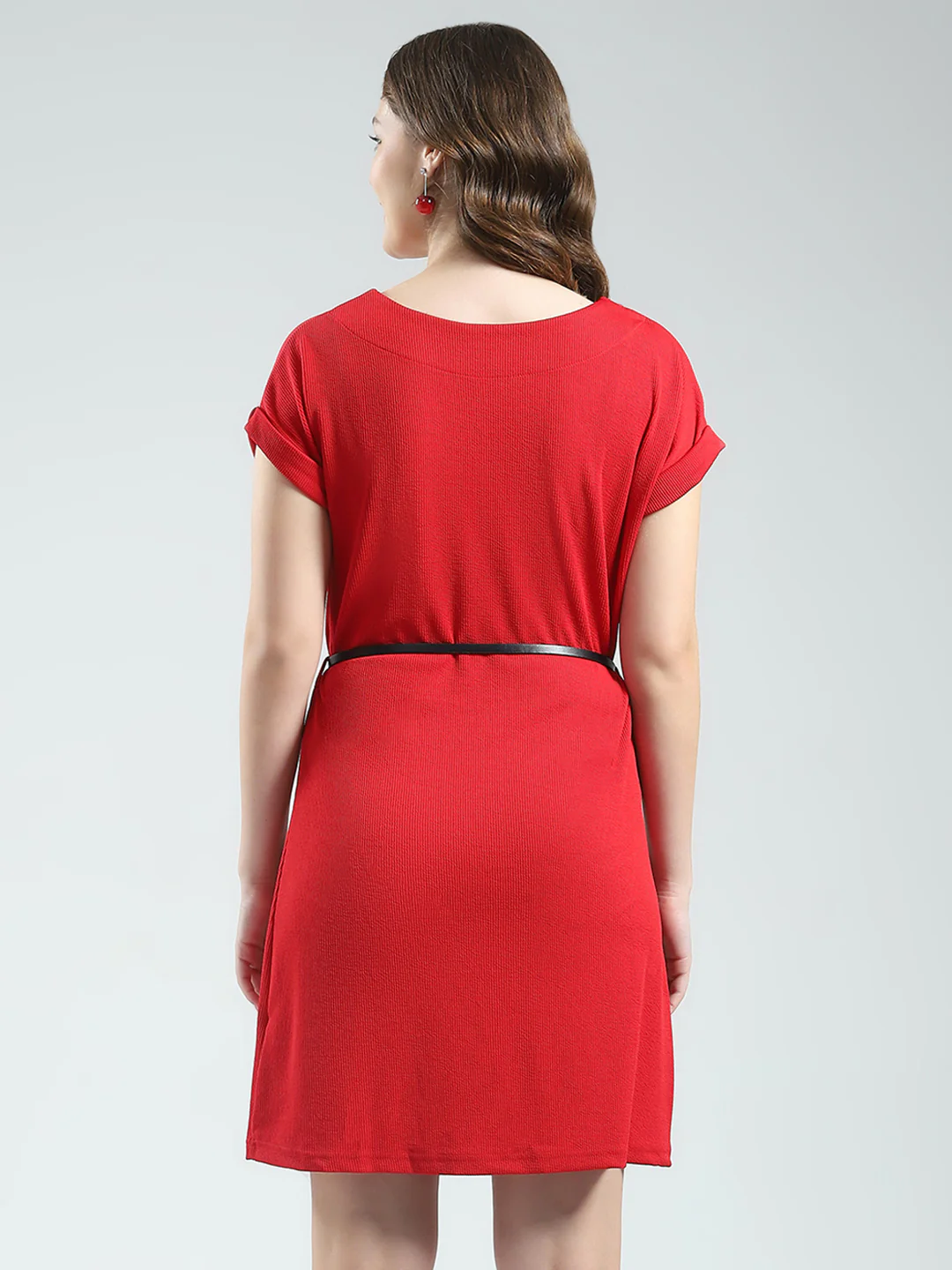 Women Red Self Design Round Neck Half Sleeve Dress - Image 5