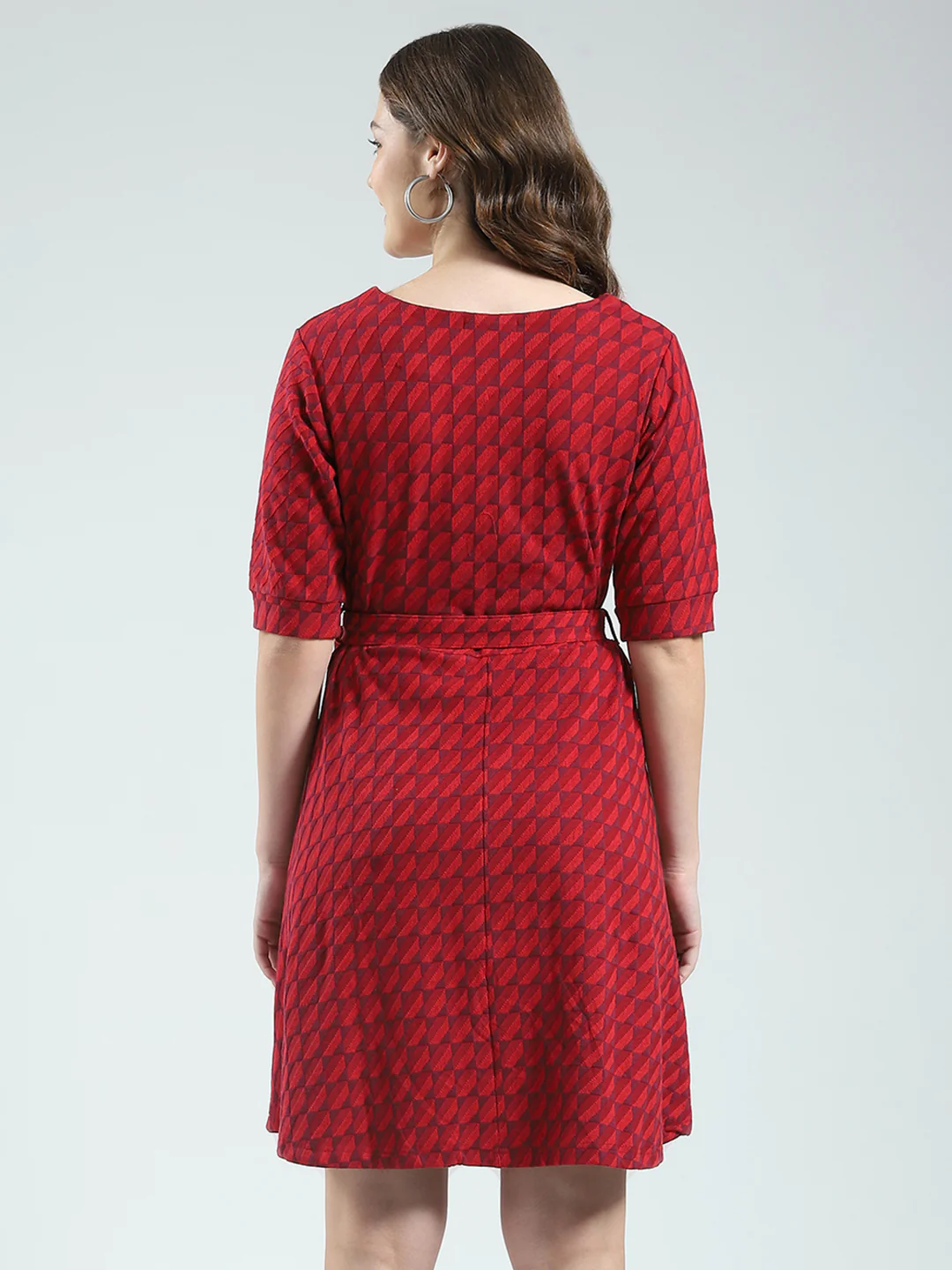 Women Red Self Design Round Neck Half Sleeve Dress - Image 6