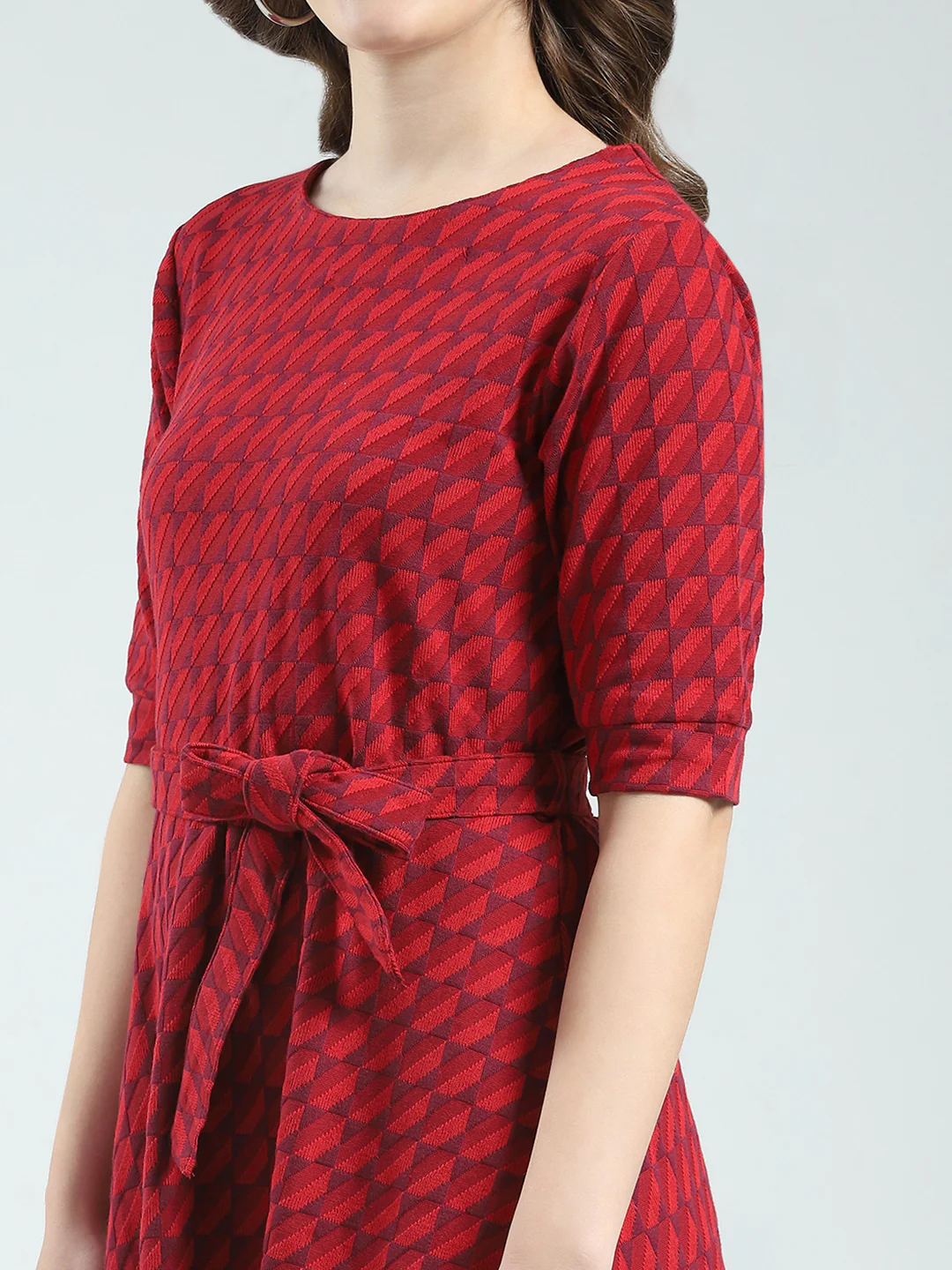 Women Red Self Design Round Neck Half Sleeve Dress - Image 7