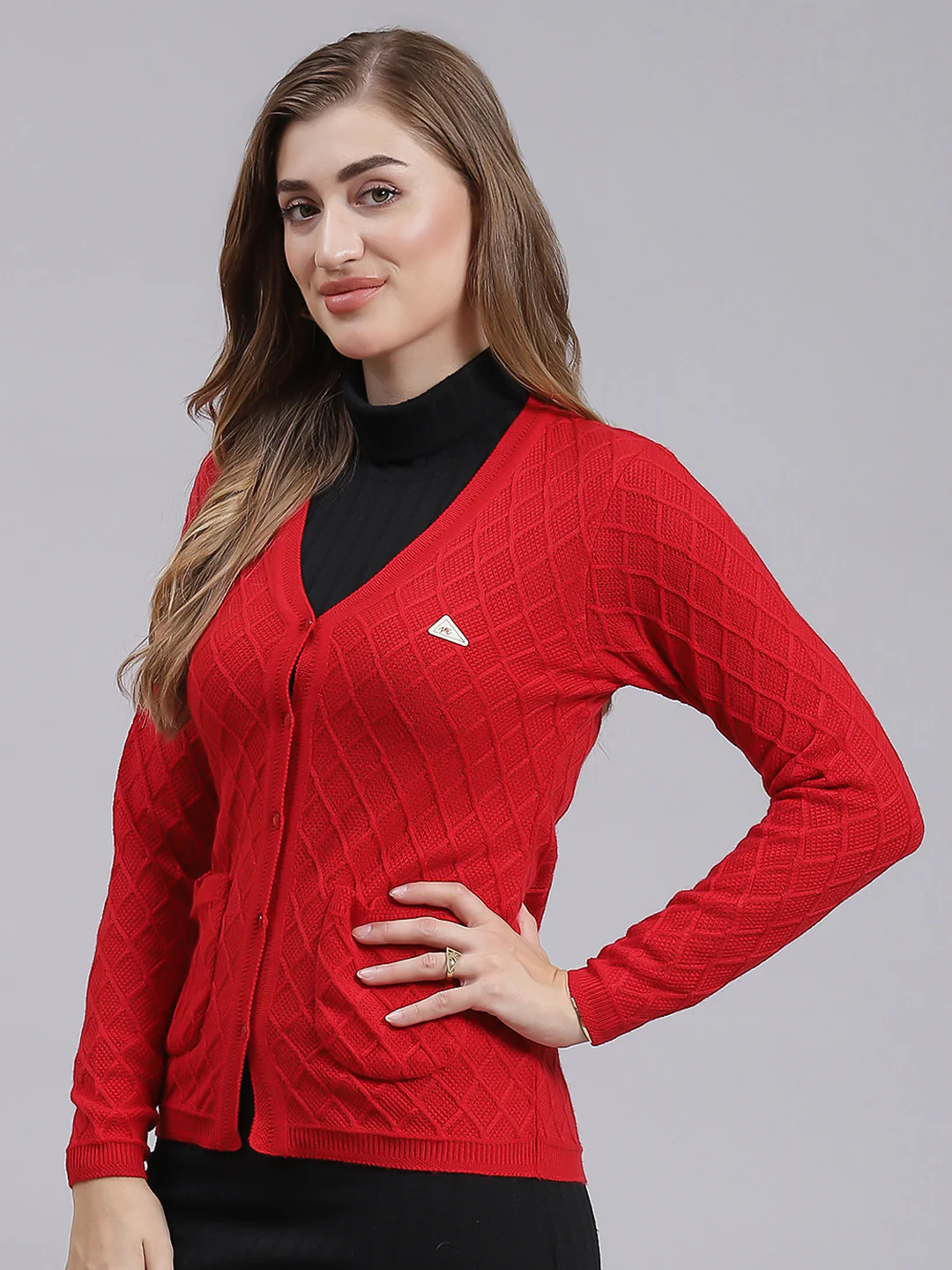 Women Red Self Design Wool blend Cardigan - Image 3