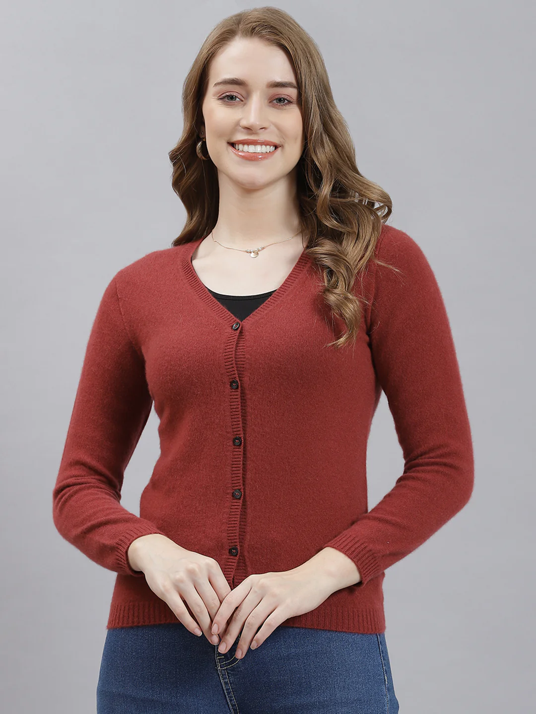 Women Red Solid Cardigan - Image 2