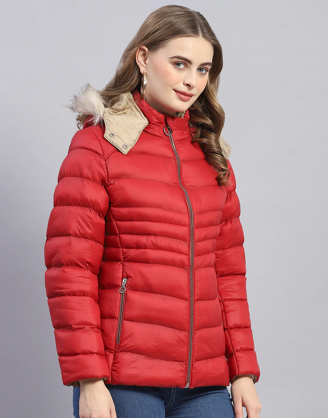 Women Red Solid Hooded Full Sleeve Jacket - Image 4