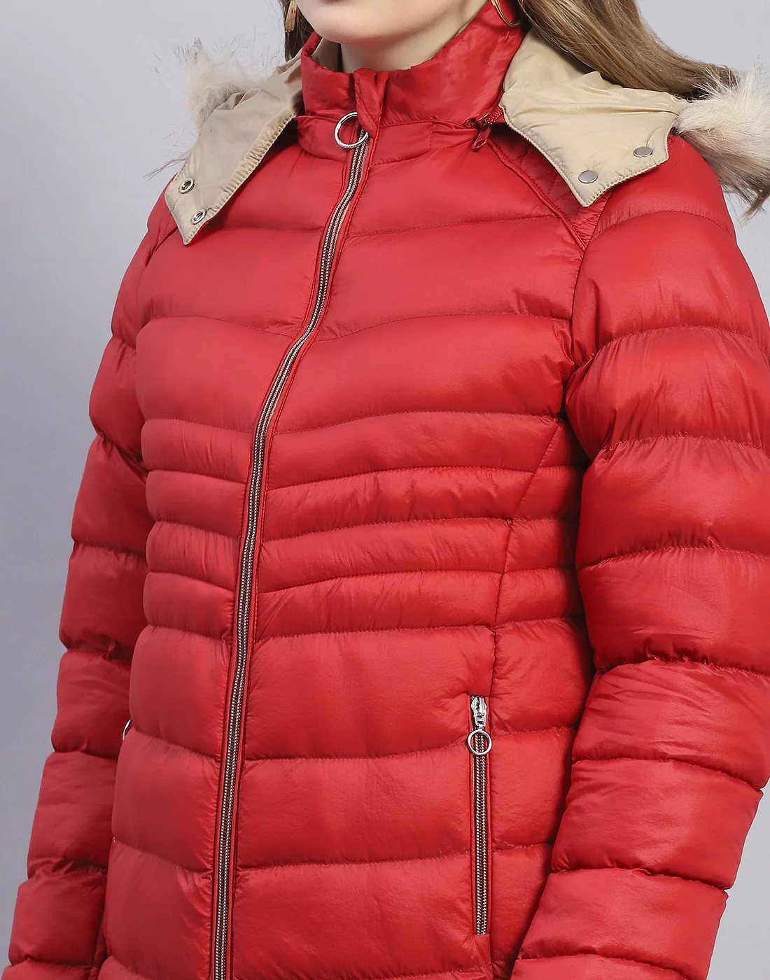 Women Red Solid Hooded Full Sleeve Jacket - Image 8