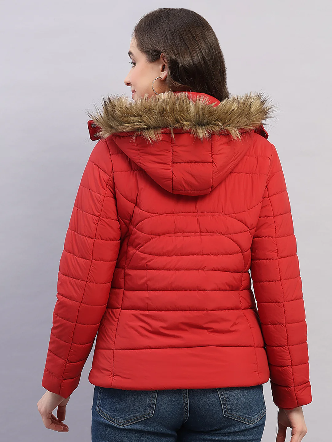Women Red Solid Hooded Full Sleeve Jacket - Image 5