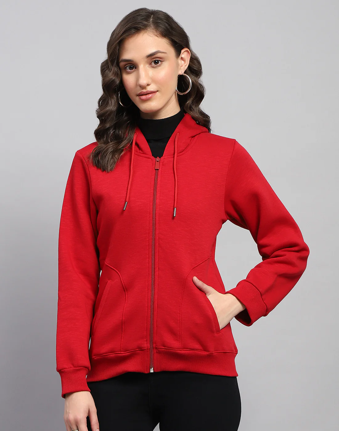 Women Red Solid Hooded Full Sleeve Sweatshirt - Image 2