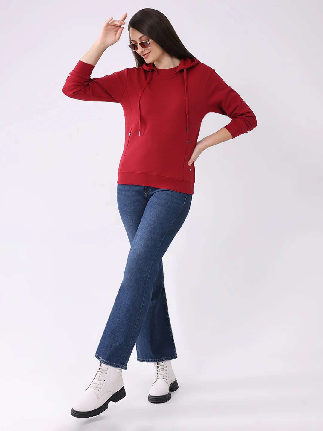 Women Red Solid Hooded Full Sleeve Sweatshirt - Image 2
