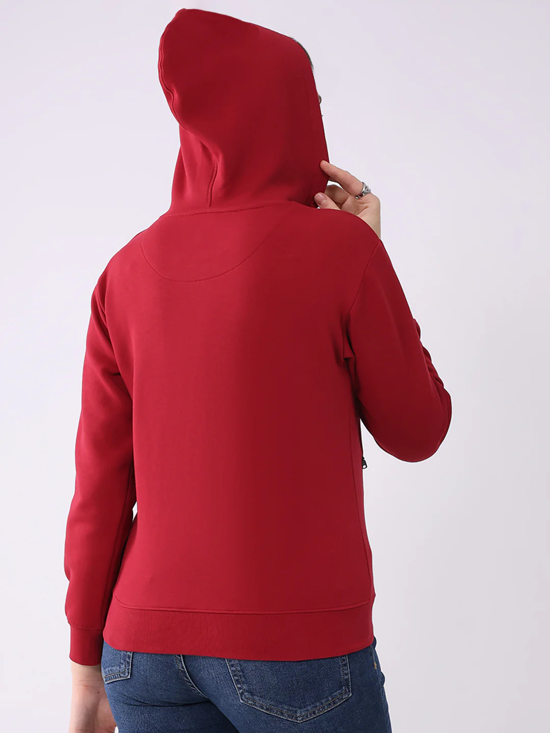Women Red Solid Hooded Full Sleeve Sweatshirt - Image 5