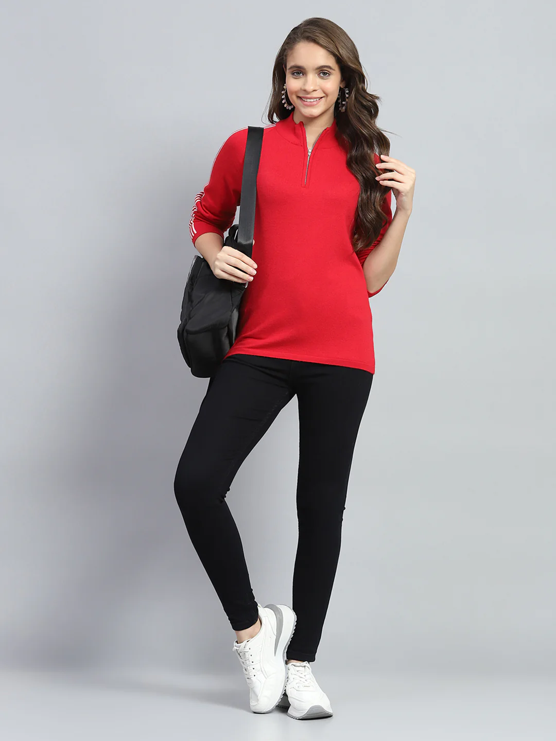 Women Red Solid Mock Neck Full Sleeve Pullover - Image 6