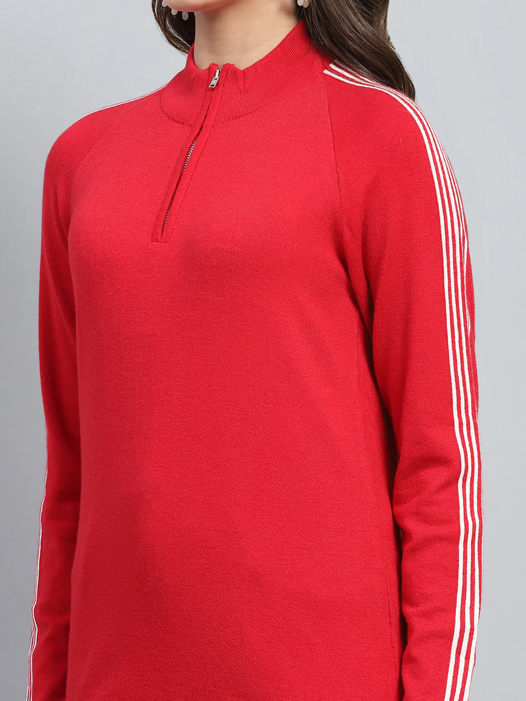 Women Red Solid Mock Neck Full Sleeve Pullover - Image 7
