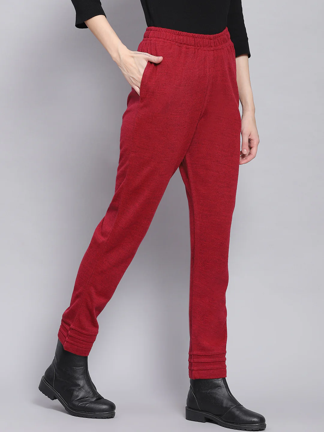 Women Red Solid Regular Fit Winter Lowers - Image 4