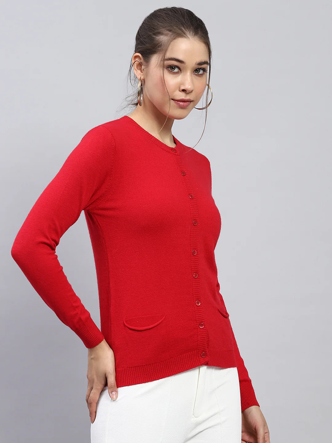 Women Red Solid Round Neck Full Sleeve Cardigan - Image 4