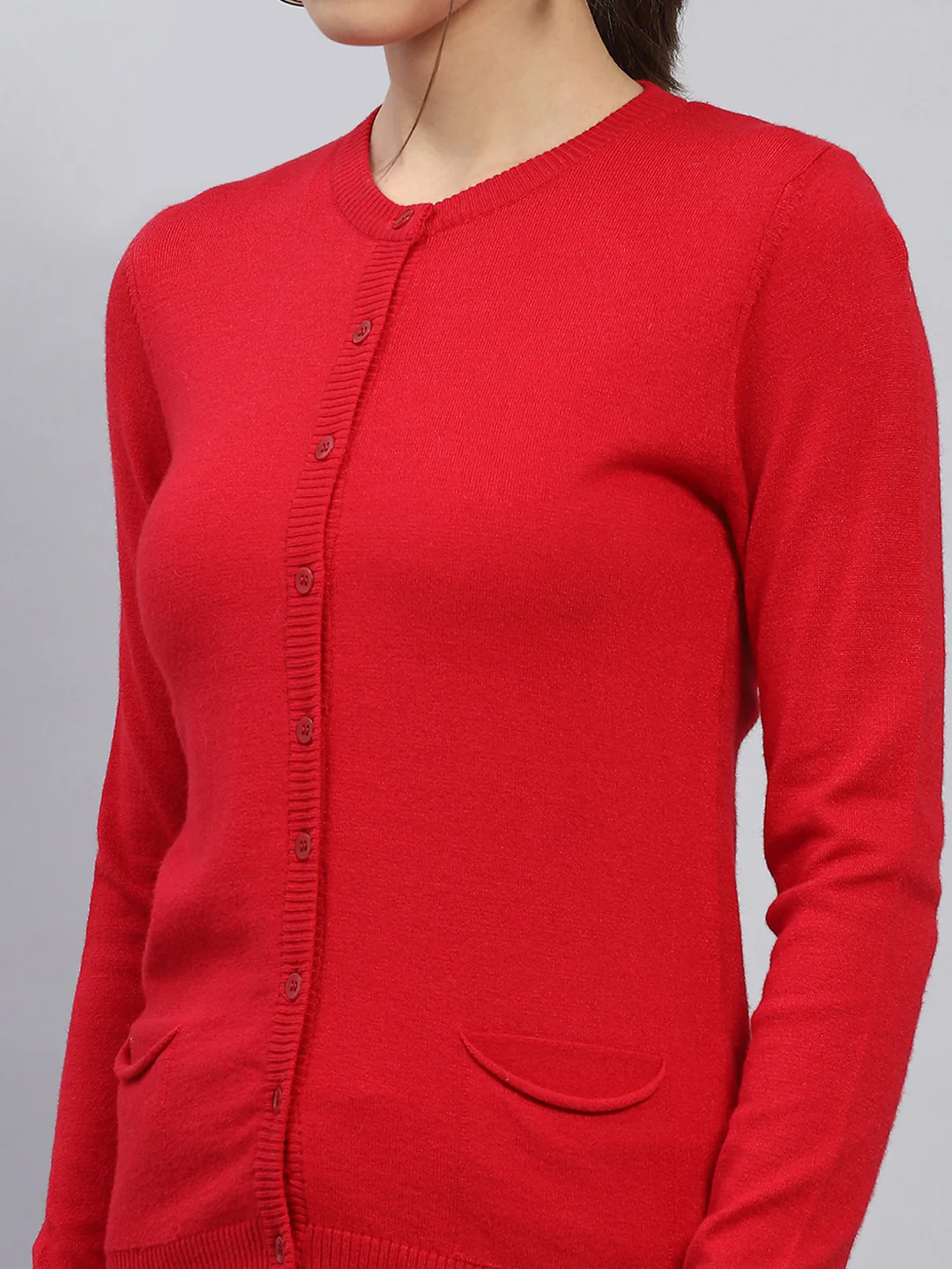 Women Red Solid Round Neck Full Sleeve Cardigan - Image 6