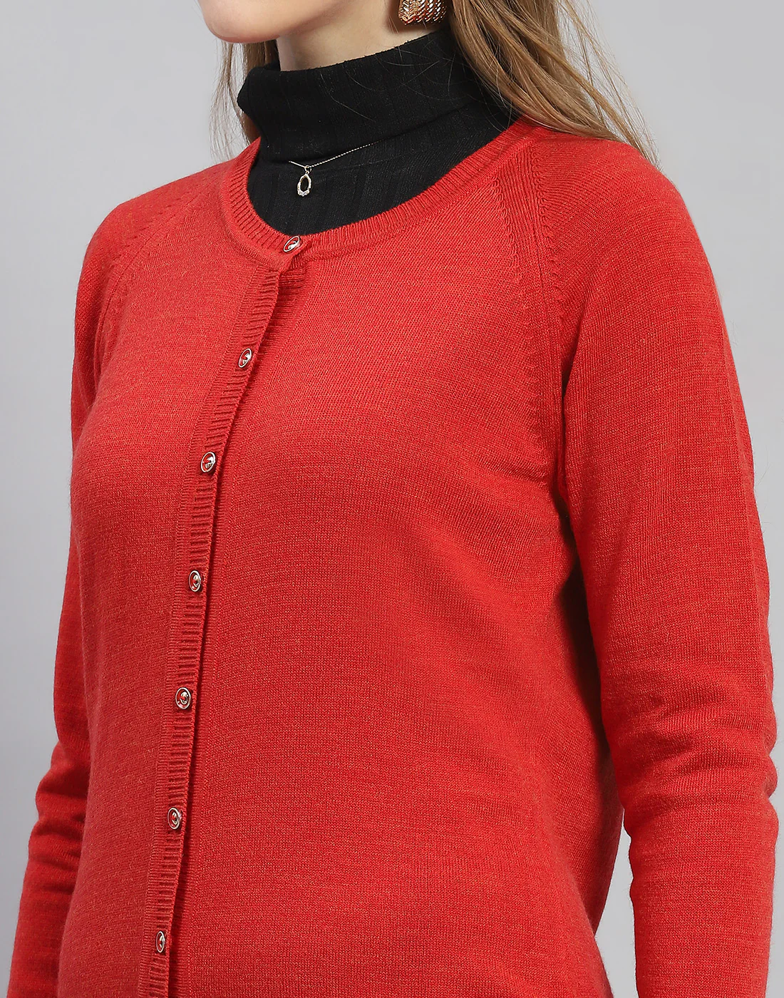 Women Red Solid Round Neck Full Sleeve Cardigan - Image 7