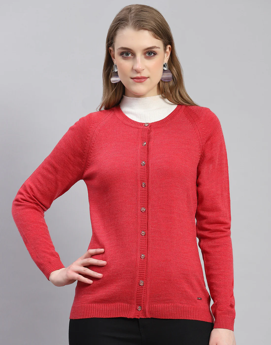 Women Red Solid Round Neck Full Sleeve Cardigan - Image 2