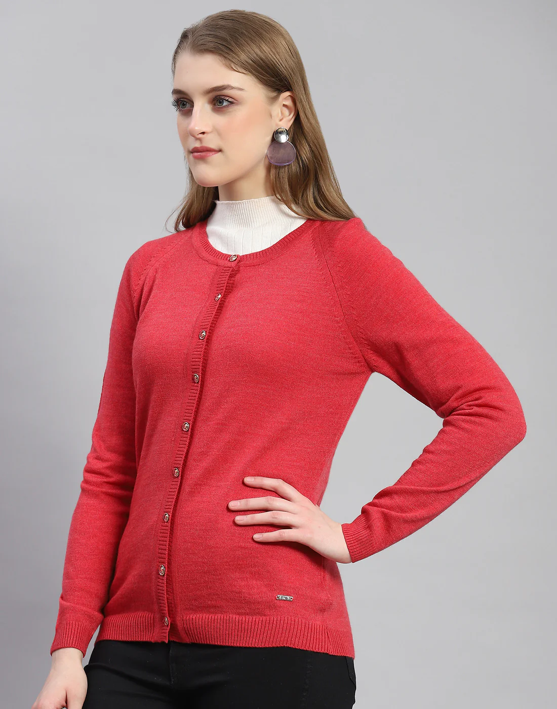 Women Red Solid Round Neck Full Sleeve Cardigan - Image 3