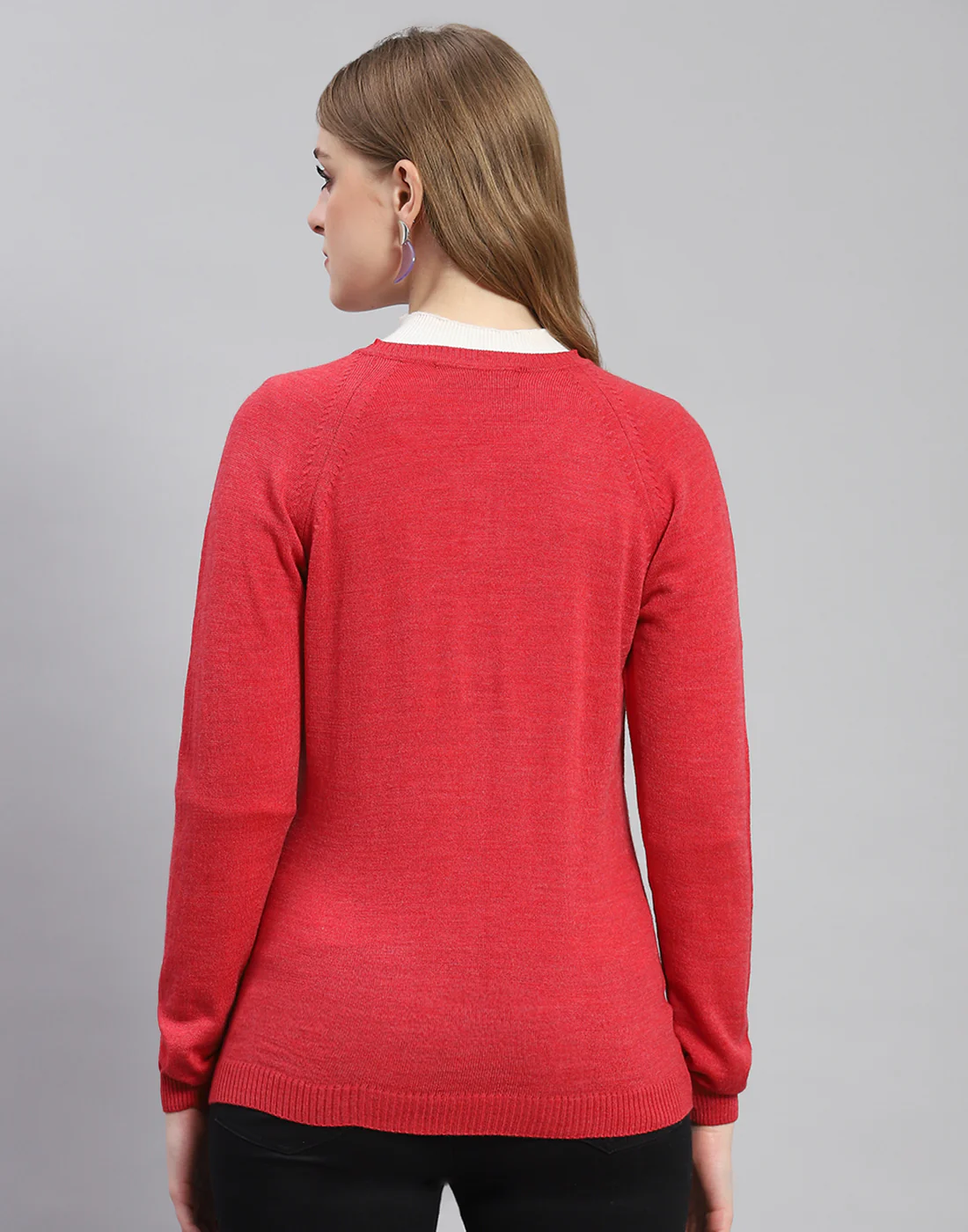Women Red Solid Round Neck Full Sleeve Cardigan - Image 5