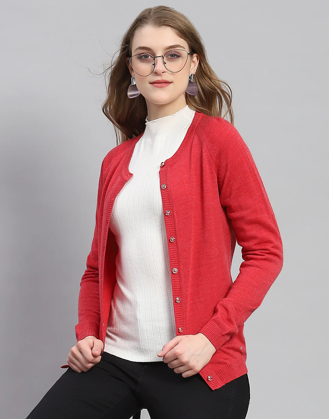 Women Red Solid Round Neck Full Sleeve Cardigan - Image 6