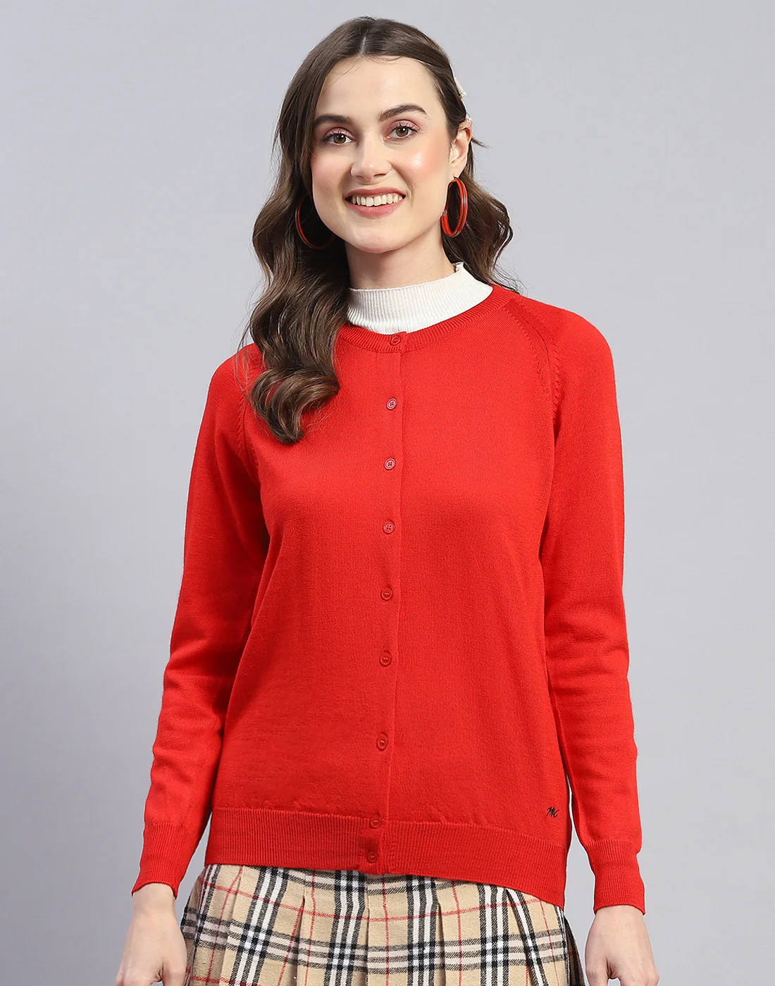 Women Red Solid Round Neck Full Sleeve Cardigan - Image 2