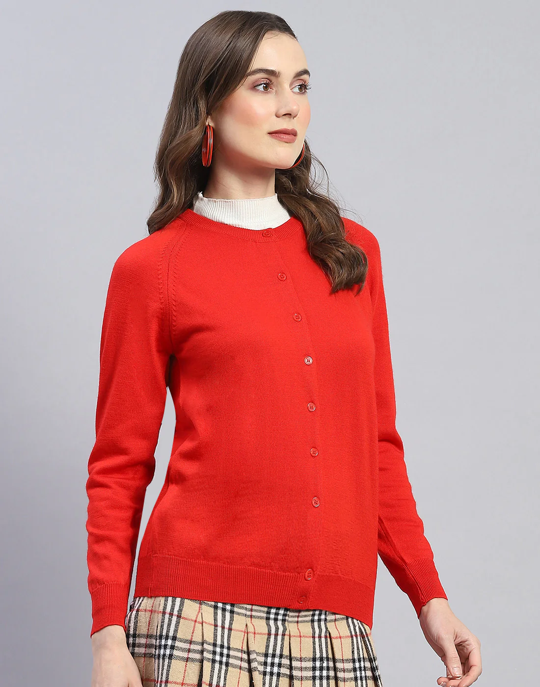 Women Red Solid Round Neck Full Sleeve Cardigan - Image 4