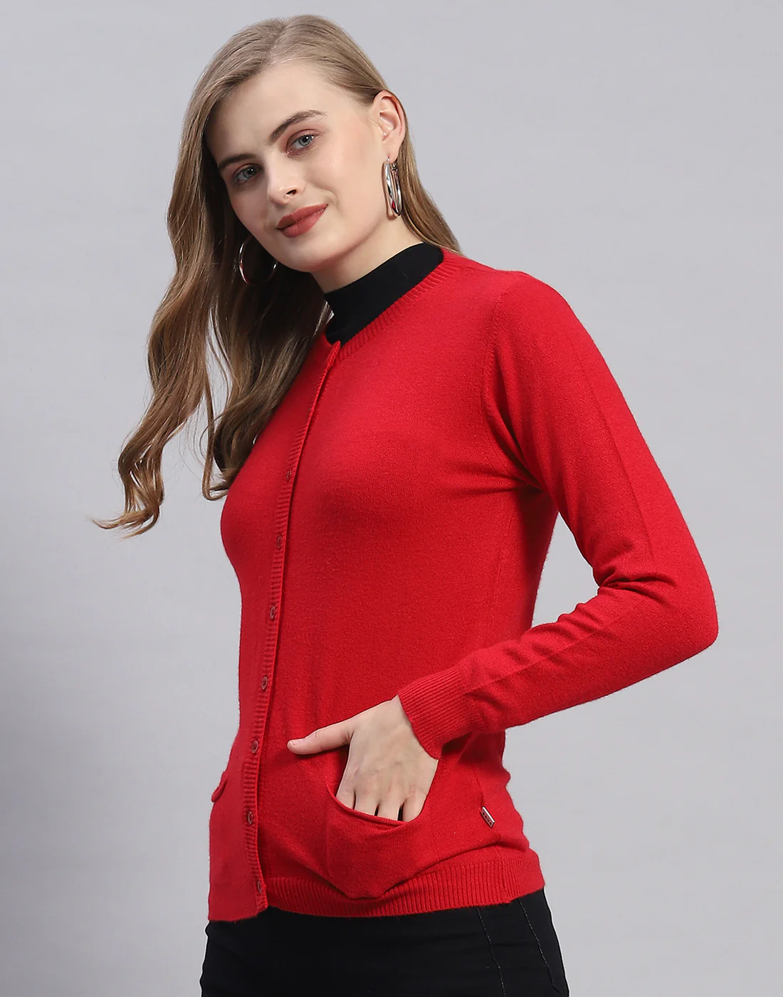 Women Red Solid Round Neck Full Sleeve Cardigan - Image 3
