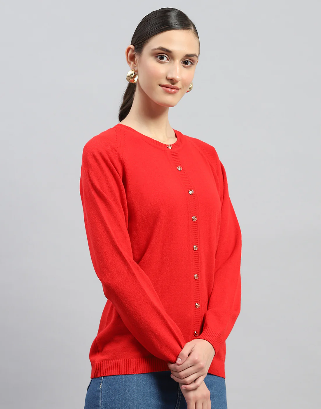 Women Red Solid Round Neck Full Sleeve Cardigan - Image 4