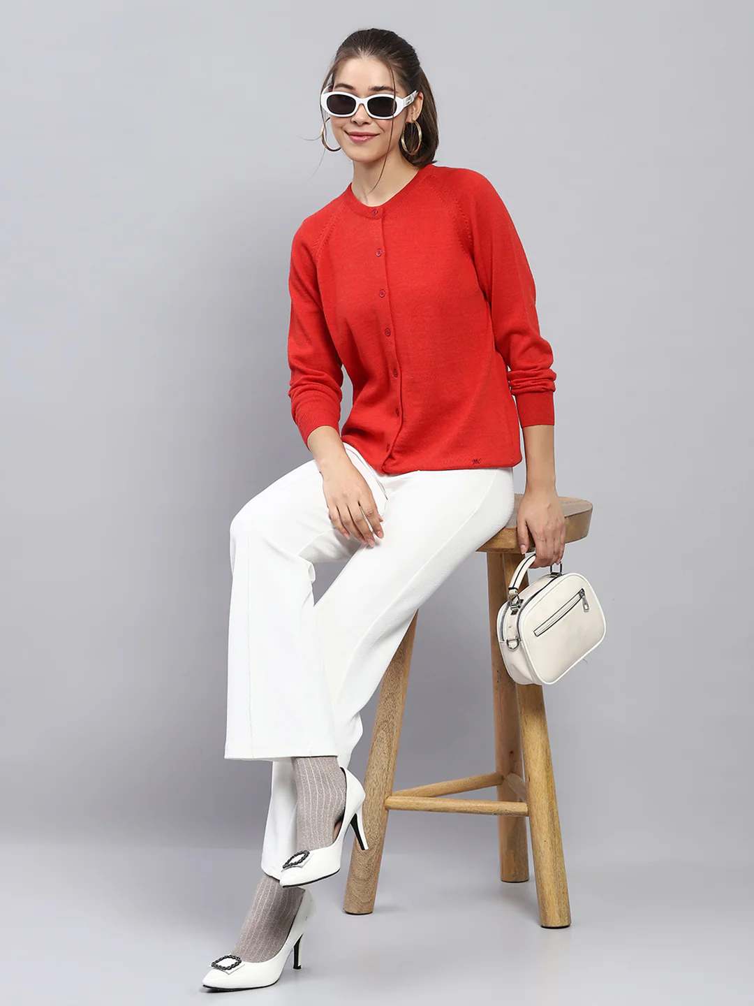 Women Red Solid Round Neck Full Sleeve Cardigan - Image 2