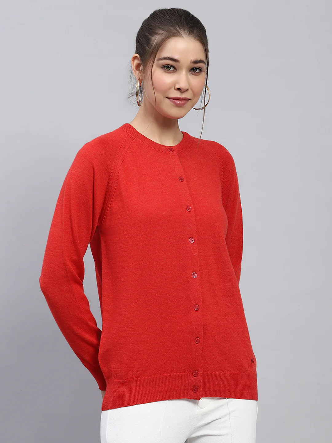 Women Red Solid Round Neck Full Sleeve Cardigan - Image 4