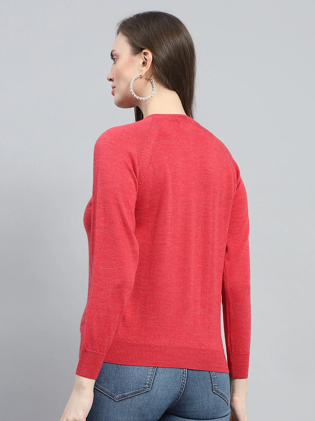 Women Red Solid Round Neck Full Sleeve Cardigan - Image 5