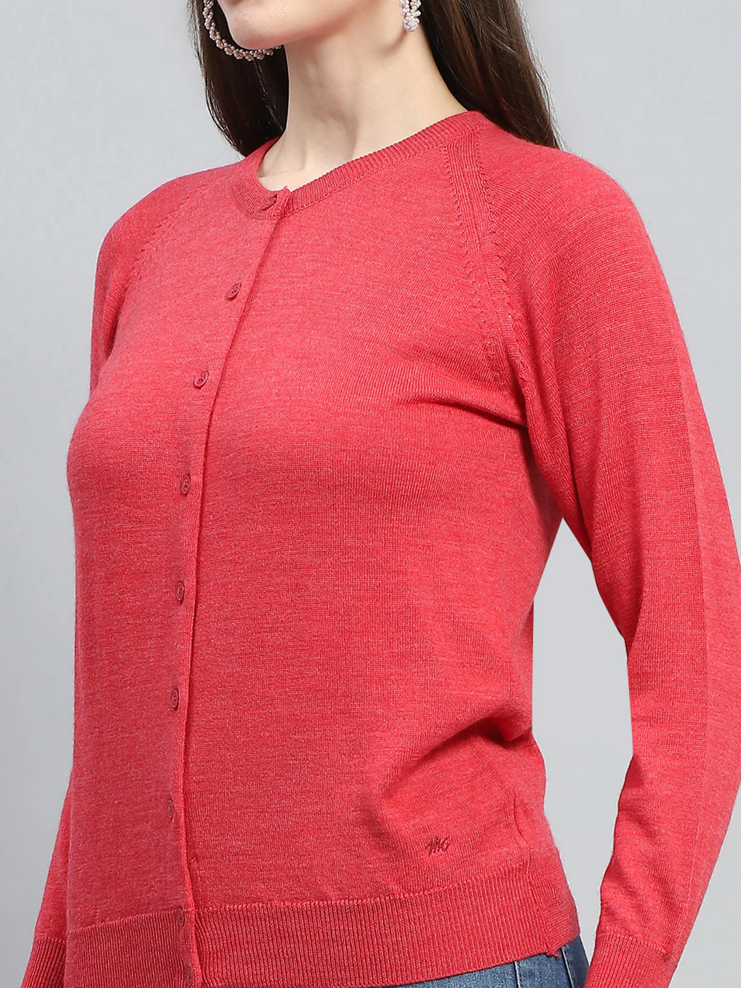 Women Red Solid Round Neck Full Sleeve Cardigan - Image 6