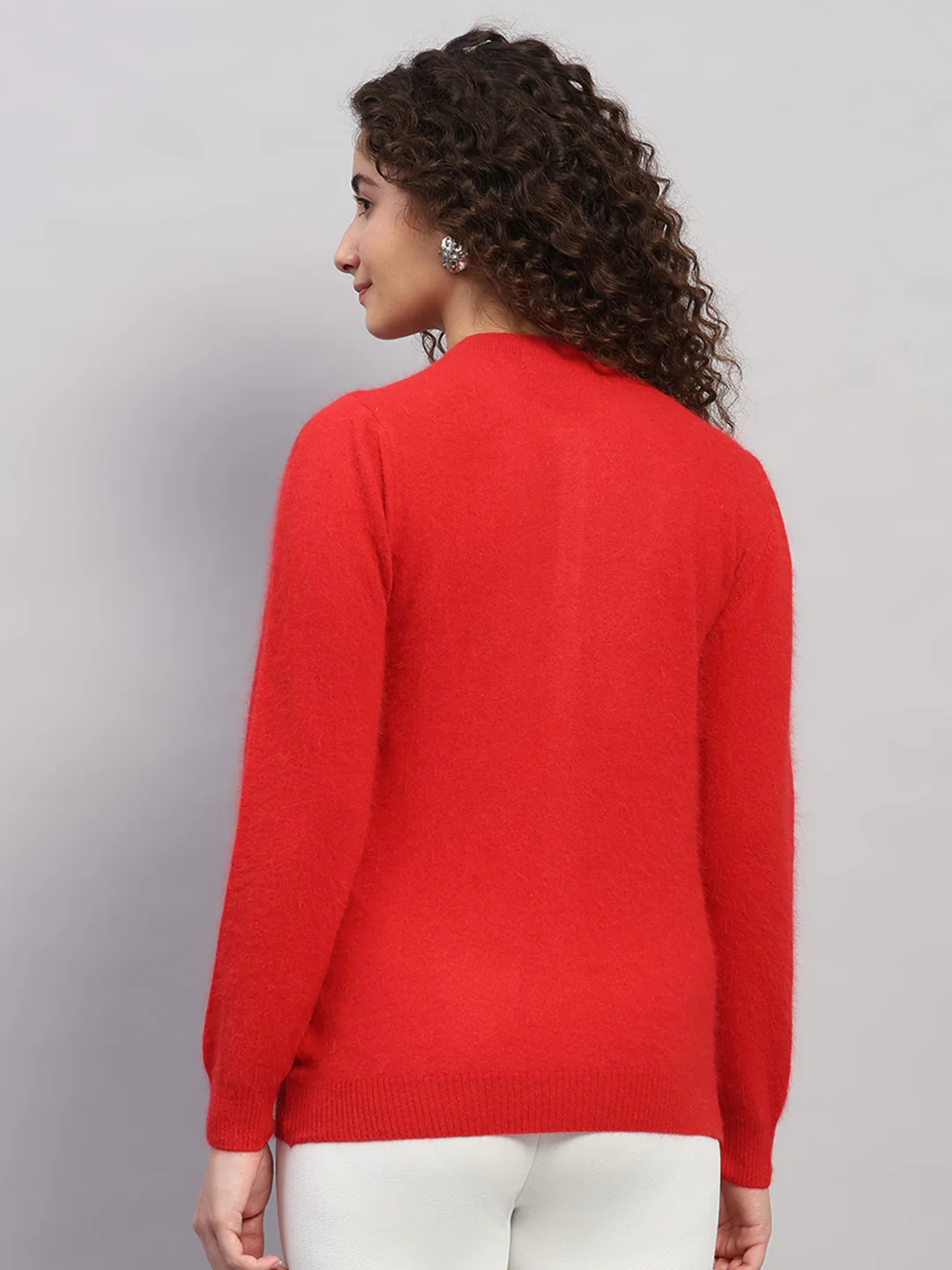 Women Red Solid Round Neck Full Sleeve Cardigan - Image 5