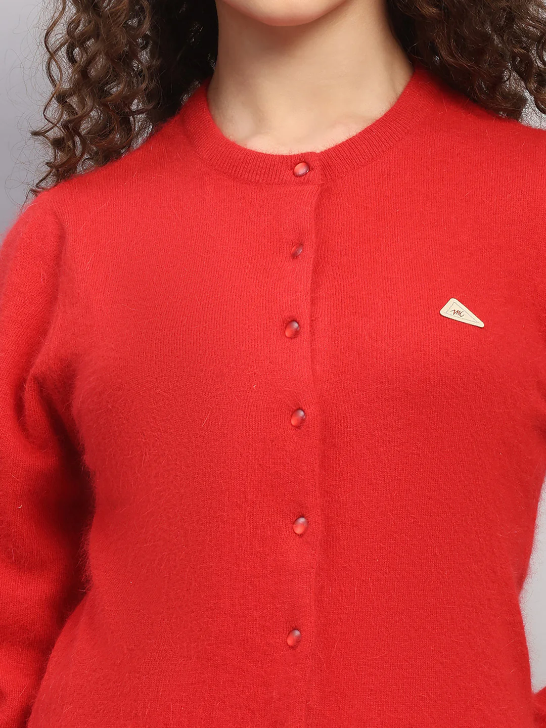 Women Red Solid Round Neck Full Sleeve Cardigan - Image 6