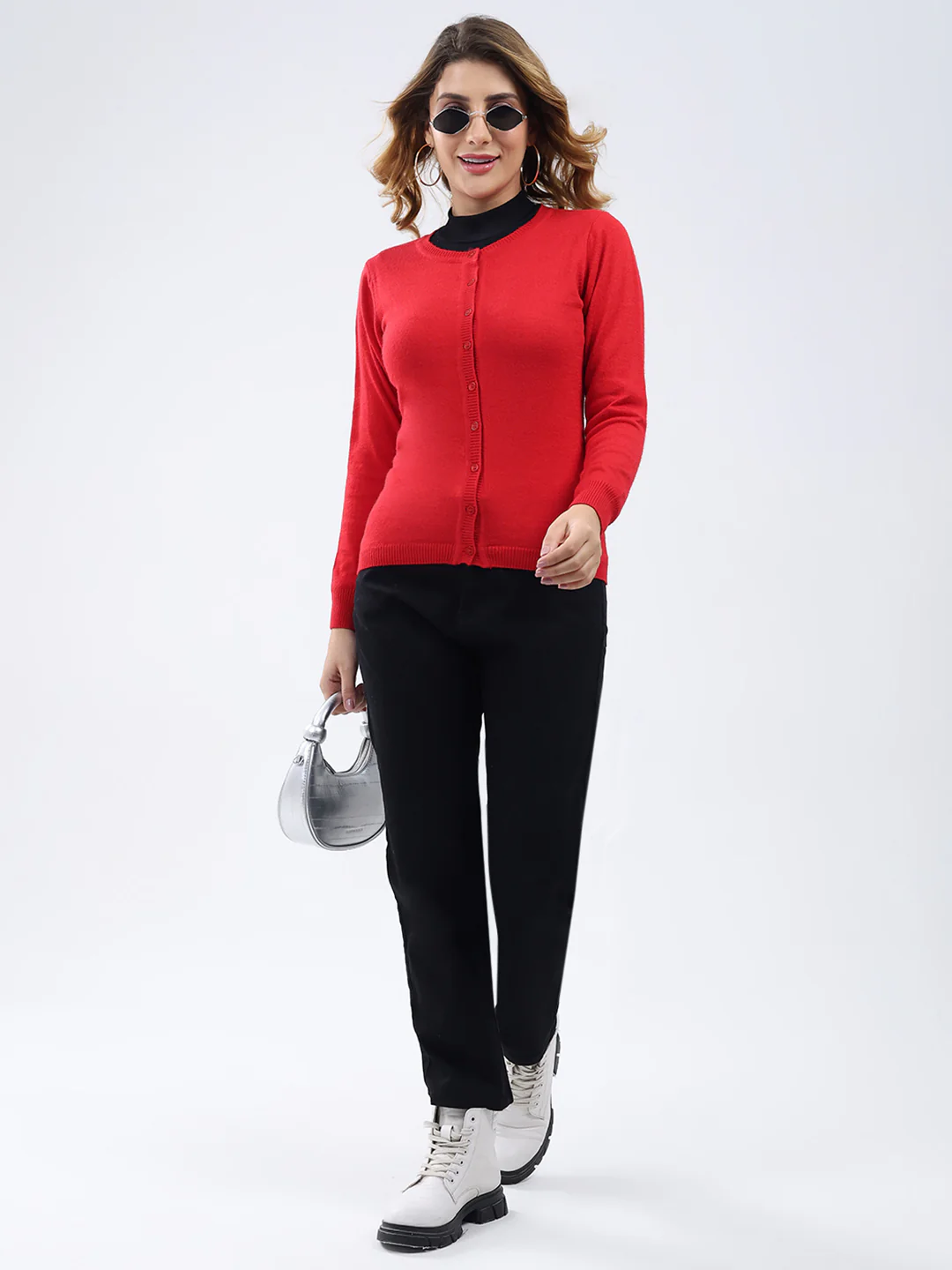 Women Red Solid Round Neck Full Sleeve Cardigan - Image 2