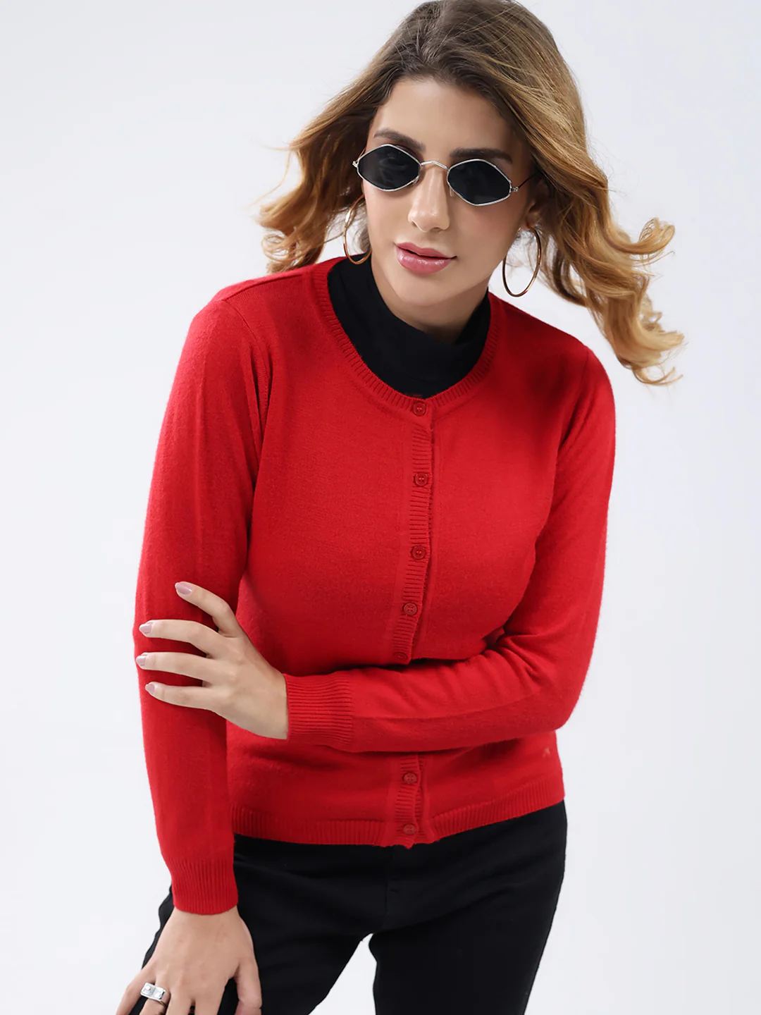 Women Red Solid Round Neck Full Sleeve Cardigan - Image 6
