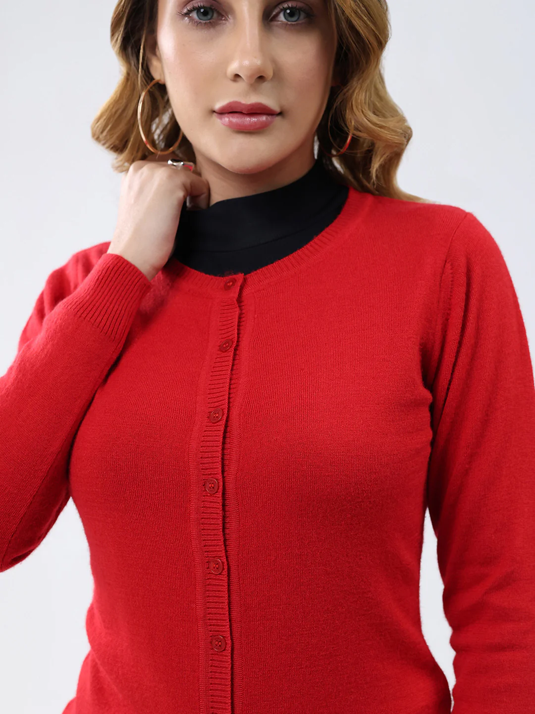 Women Red Solid Round Neck Full Sleeve Cardigan - Image 7