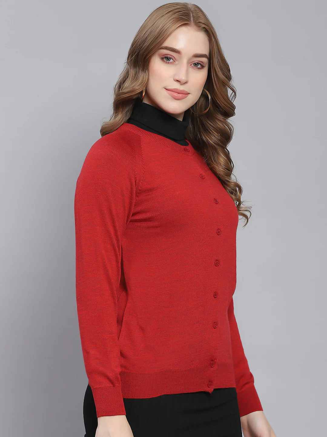 Women Red Solid Round Neck Full Sleeve Cardigans - Image 4