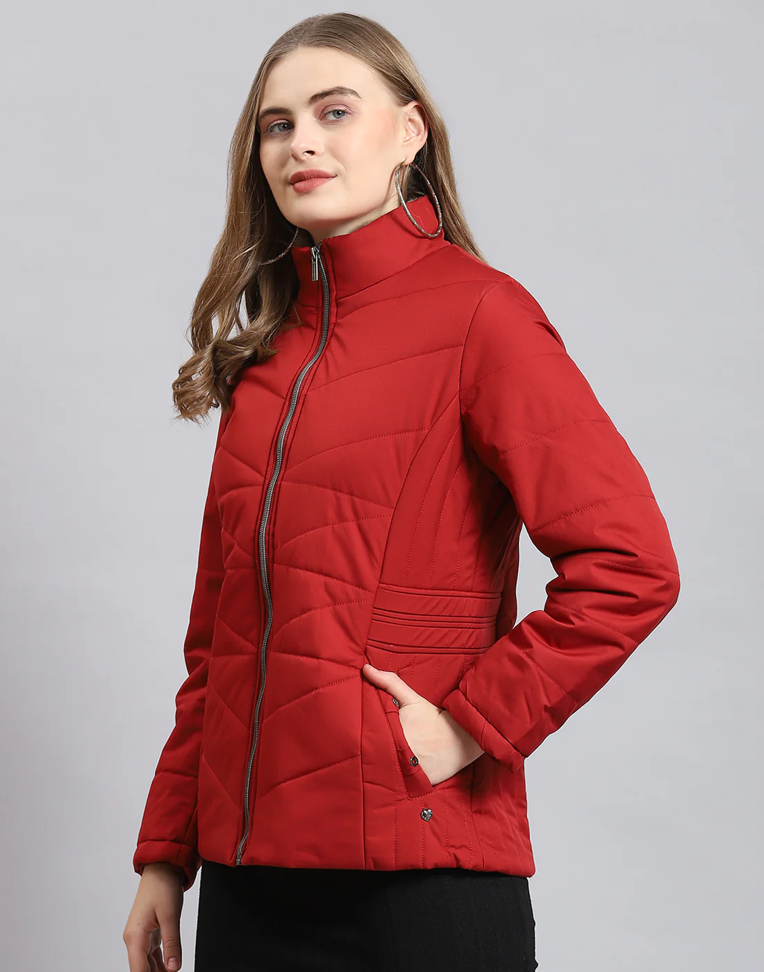 Women Red Solid Stand Collar Full Sleeve Jacket - Image 3