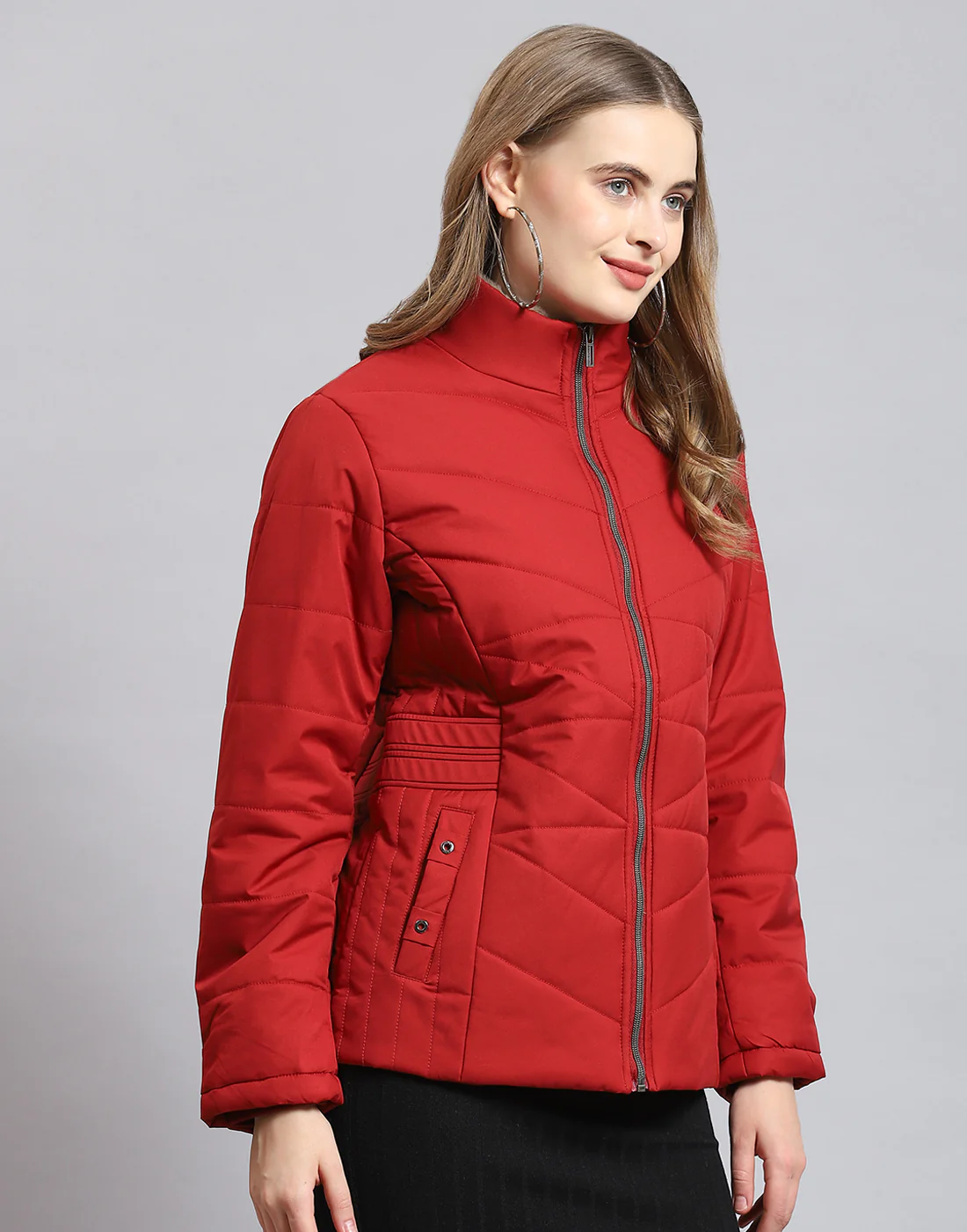 Women Red Solid Stand Collar Full Sleeve Jacket - Image 4