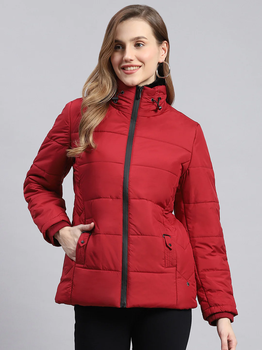 Women Red Solid Stand Collar Full Sleeve Jackets - Image 3