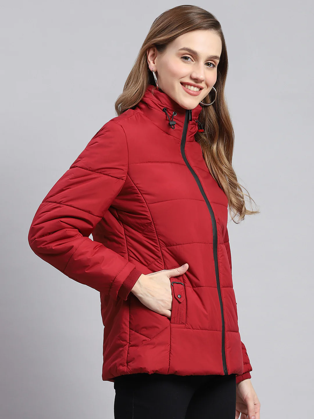 Women Red Solid Stand Collar Full Sleeve Jackets - Image 6