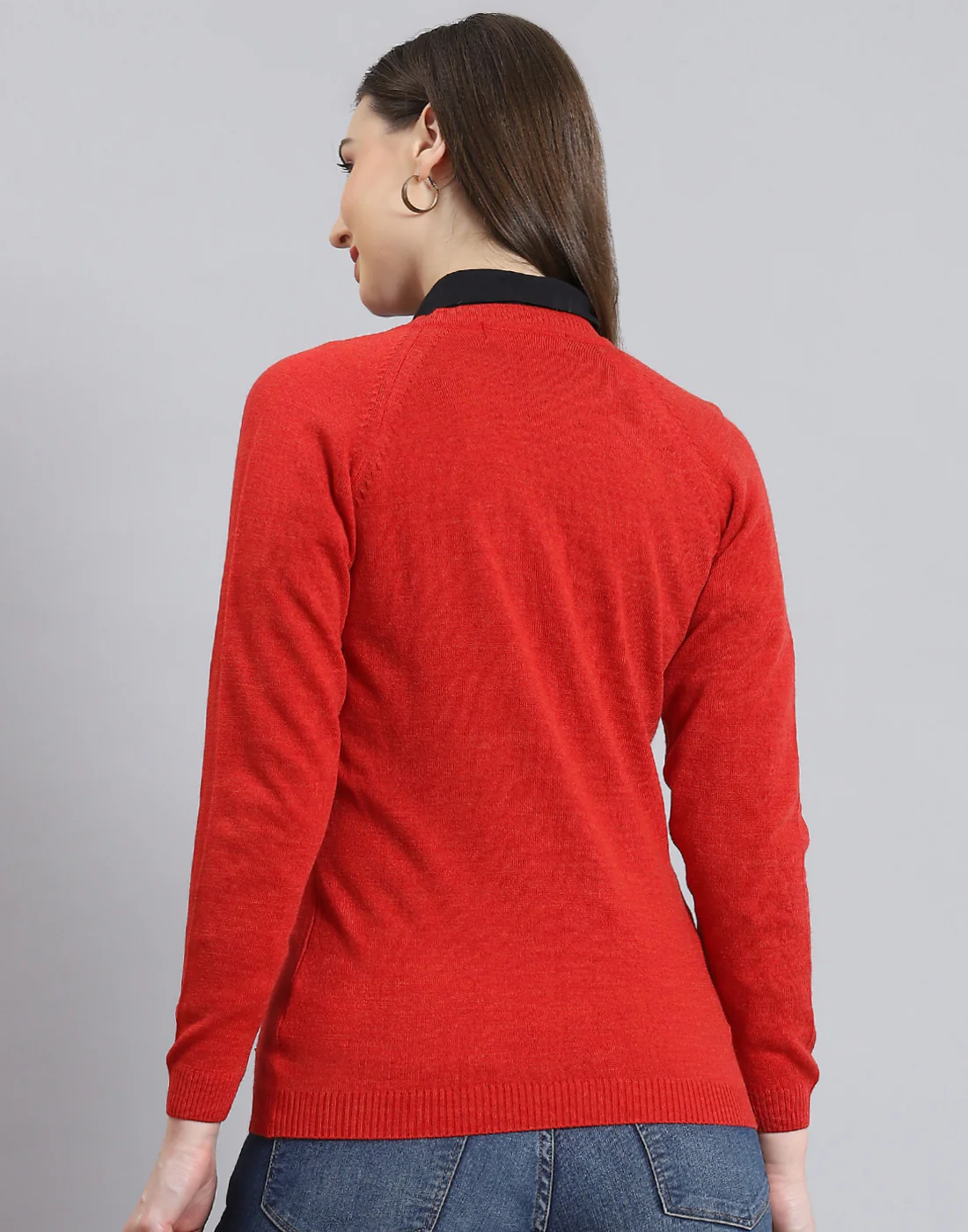 Women Red Solid V Neck Full Sleeve Cardigan - Image 6