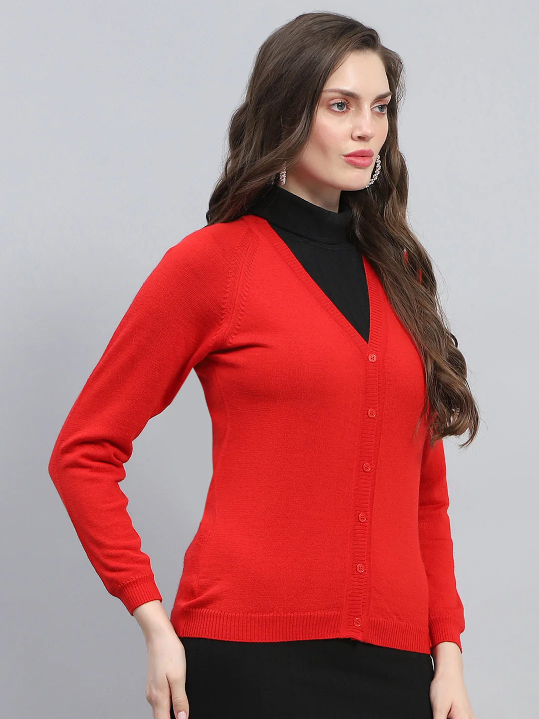 Women Red Solid V Neck Full Sleeve Cardigan - Image 4